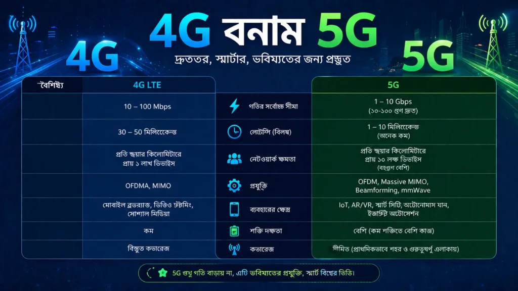 4G ও 5G মোবাইল নেটওয়ার্কের তুলনামূলক ইনফোগ্রাফিক, যেখানে গতি, Latency, Network Capacity, Coverage, Massive MIMO, Beamforming এবং ব্যবহার দেখানো হয়েছে।