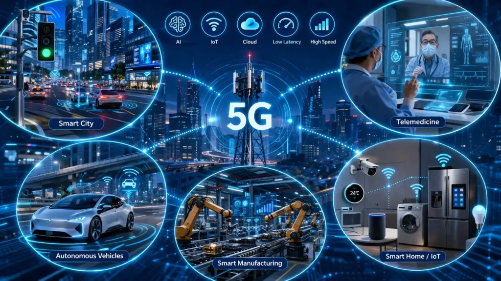 5G প্রযুক্তির বাস্তব ব্যবহার দেখানো ইনফোগ্রাফিক, যেখানে স্মার্ট সিটি, টেলিমেডিসিন, স্বয়ংচালিত গাড়ি, স্মার্ট কারখানা এবং IoT স্মার্ট হোম প্রদর্শিত হয়েছে।