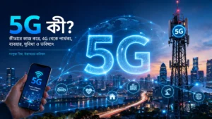 5G প্রযুক্তির ধারণামূলক চিত্র, যেখানে স্মার্ট সিটি, 5G মোবাইল নেটওয়ার্ক টাওয়ার এবং ভবিষ্যতের ডিজিটাল সংযোগ দেখানো হয়েছে।