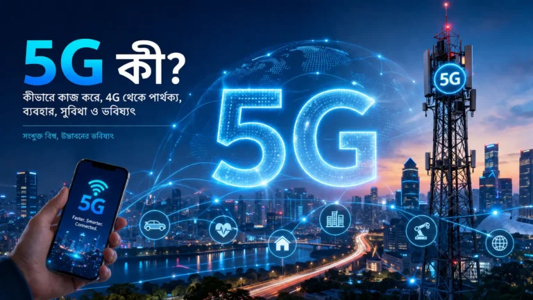 5G প্রযুক্তির ধারণামূলক চিত্র, যেখানে স্মার্ট সিটি, 5G মোবাইল নেটওয়ার্ক টাওয়ার এবং ভবিষ্যতের ডিজিটাল সংযোগ দেখানো হয়েছে।