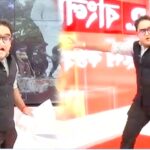 রিপাবলিক বাংলার সাংবাদিক ময়ূখ রঞ্জন ঘোষ এবং দিল্লির চলমান আন্দোলনের প্রতীকী দৃশ্য।