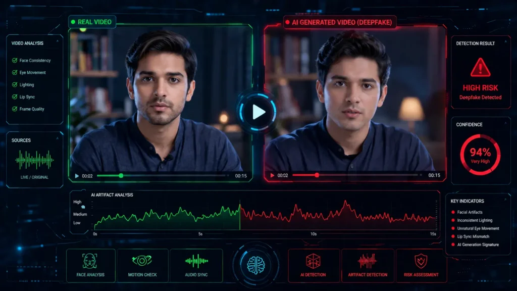 AI Generated Fake Video Comparison: আসল ও Deepfake ভিডিওর তুলনামূলক প্রতীকী চিত্র AI Generated Fake Video Comparison-এ আসল ভিডিও ও Deepfake ভিডিওর পার্থক্য বিশ্লেষণের প্রতীকী ভিজ্যুয়াল।