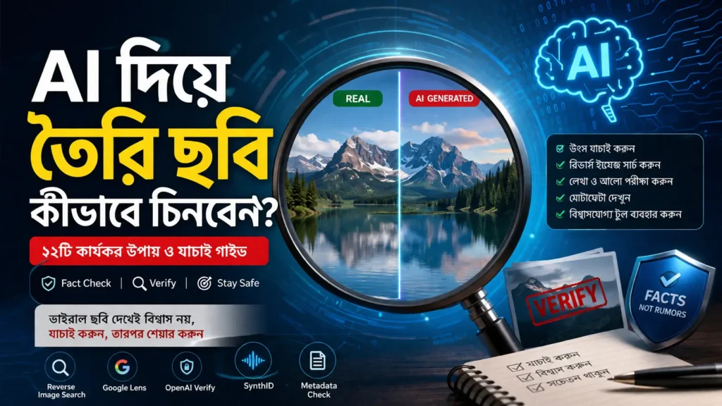 ম্যাগনিফাইং গ্লাসের মাধ্যমে বাস্তব ও AI-তৈরি ছবি তুলনা করে দেখানো একটি ডিজিটাল ইলাস্ট্রেশন