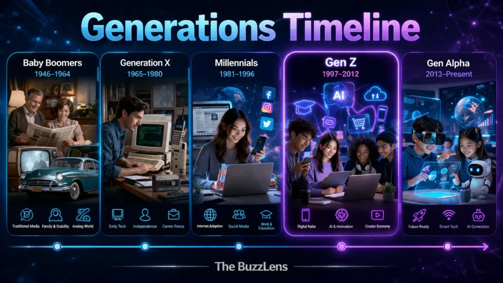 Baby Boomers, Generation X, Millennials, Gen Z এবং Gen Alpha প্রজন্মের জন্মসাল ও বৈশিষ্ট্য দেখানো একটি টাইমলাইন ইনফোগ্রাফিক।
