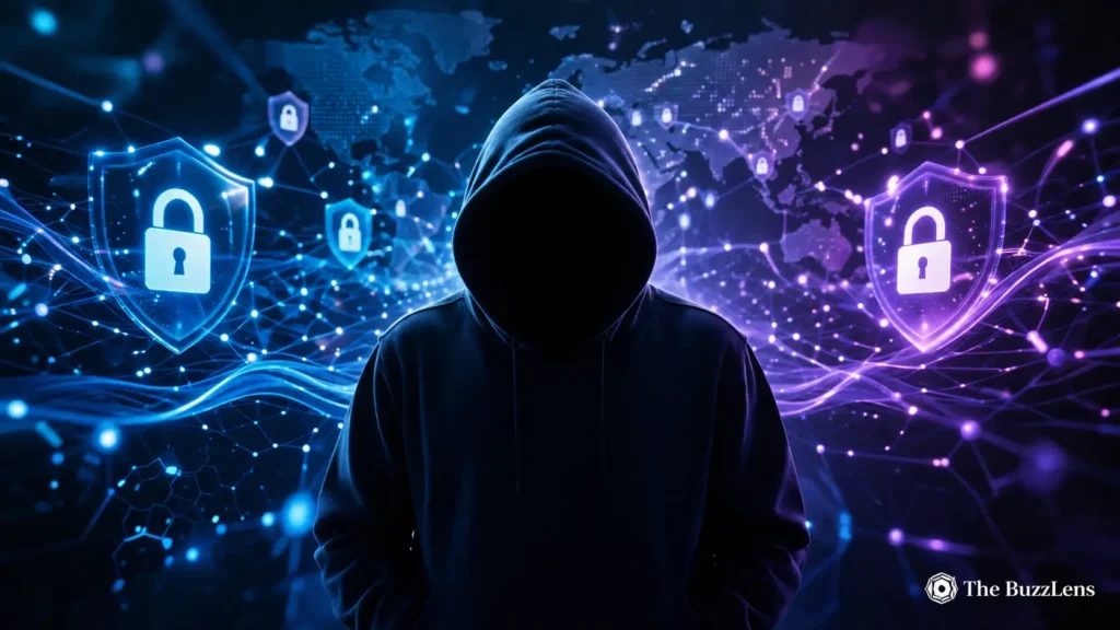 Dark Web-এর বৈধ ব্যবহার ও অপব্যবহারের ঝুঁকি বোঝাতে বিভক্ত একটি ইলাস্ট্রেশন, যেখানে এক পাশে সাংবাদিক, গবেষক ও মানবাধিকারকর্মী নিরাপদ যোগাযোগ ব্যবহার করছেন এবং অন্য পাশে সাইবার অপরাধের প্রতীকী সতর্কতা দেখানো হয়েছে।
