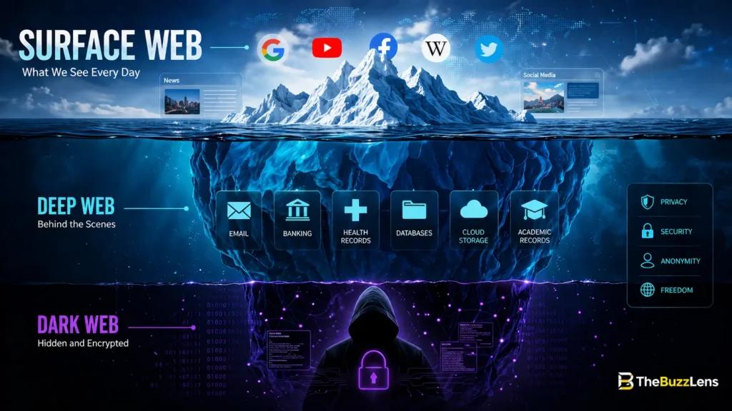 Dark Web কী তা বোঝাতে Surface Web, Deep Web ও Dark Web-এর স্তরভিত্তিক আইসবার্গ চিত্র।