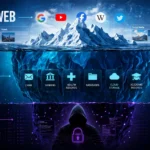 Dark Web কী তা বোঝাতে Surface Web, Deep Web ও Dark Web-এর স্তরভিত্তিক আইসবার্গ চিত্র।