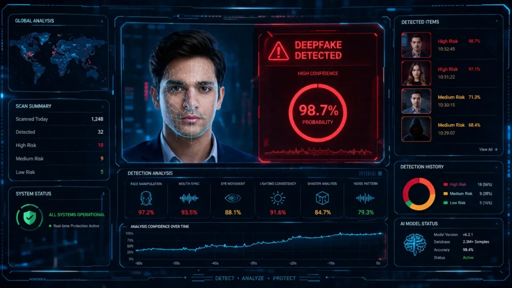 Deepfake Detection Dashboard-এ AI ব্যবহার করে ভুয়া ছবি, ভিডিও ও মুখমণ্ডল বিশ্লেষণের প্রতীকী ইন্টারফেস।