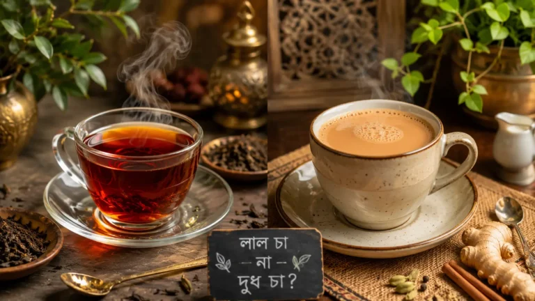 দুধের চা ও রঙ চায়ের কাপ পাশাপাশি, বাংলাদেশের চা সংস্কৃতি ও স্বাস্থ্য নিয়ে তুলনামূলক আলোচনা