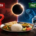 সূর্যগ্রহণের সময় খাবার খাওয়া নিয়ে প্রচলিত ধারণা ও বৈজ্ঞানিক তথ্য যাচাই বোঝাতে গ্রহণ, খাবারের প্লেট এবং Fact Check থিমের সম্পাদকীয় ইলাস্ট্রেশন।