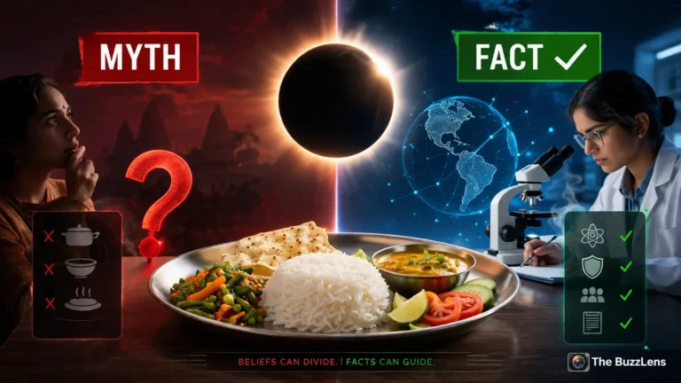 সূর্যগ্রহণের সময় খাবার খাওয়া নিয়ে প্রচলিত ধারণা ও বৈজ্ঞানিক তথ্য যাচাই বোঝাতে গ্রহণ, খাবারের প্লেট এবং Fact Check থিমের সম্পাদকীয় ইলাস্ট্রেশন।