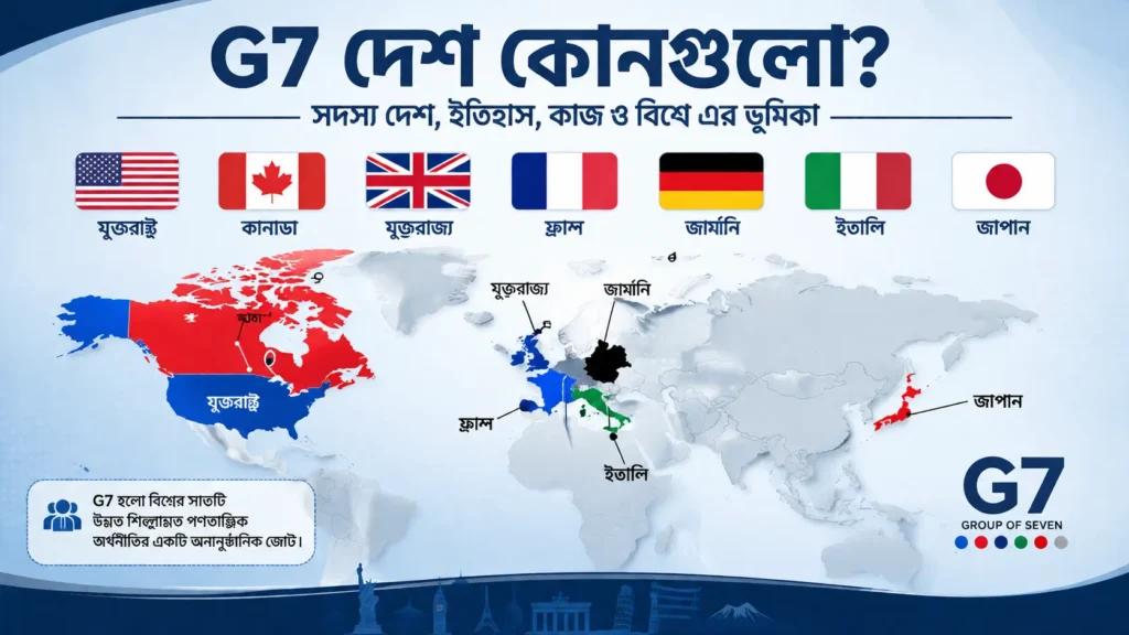G7-এর সাত সদস্য দেশের মানচিত্র ও জাতীয় পতাকা
