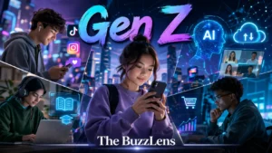 Gen Z প্রজন্মের প্রতিনিধিত্বকারী তরুণ-তরুণীদের ডিজিটাল জীবনধারা, যেখানে স্মার্টফোন, AI, অনলাইন শিক্ষা, ই-কমার্স, ভিডিও কল এবং আধুনিক প্রযুক্তির ব্যবহার তুলে ধরা হয়েছে।