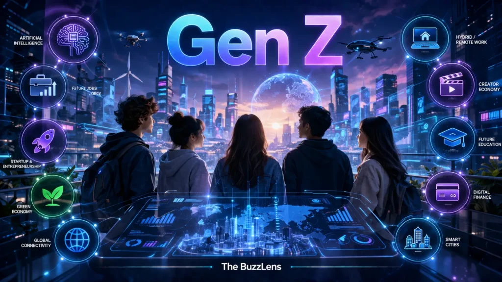 Gen Z প্রজন্মের তরুণ-তরুণীরা AI, ভবিষ্যতের কর্মসংস্থান, স্টার্টআপ, ডিজিটাল অর্থনীতি, স্মার্ট সিটি এবং প্রযুক্তিনির্ভর ভবিষ্যতের প্রতীকী ইনফোগ্রাফিক।