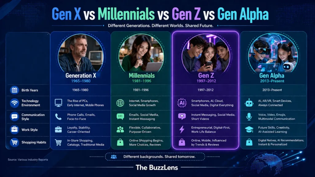 Gen X, Millennials, Gen Z এবং Gen Alpha প্রজন্মের জন্মসাল, প্রযুক্তি, যোগাযোগ, কর্মধারা ও কেনাকাটার অভ্যাসের তুলনামূলক ইনফোগ্রাফিক।
