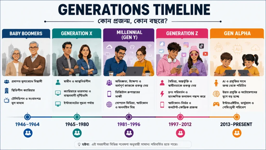 Baby Boomers, Generation X, Millennial (Generation Y), Gen Z এবং Generation Alpha-এর জন্মসালের টাইমলাইন দেখানো একটি ১৬:৯ ইনফোগ্রাফিক
