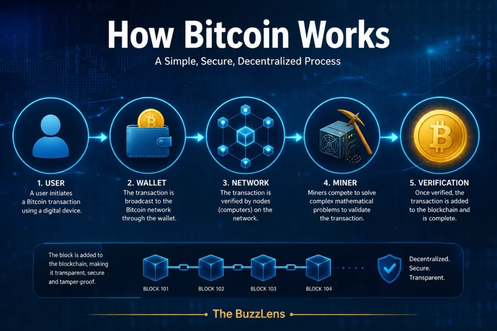 Bitcoin লেনদেনের ধাপ—User, Wallet, Network, Miner, Verification এবং Blockchain—দেখানো একটি ইনফোগ্রাফিক।