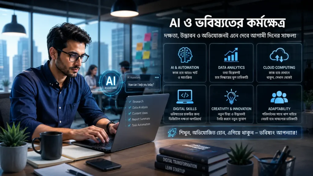 একজন Millennial পেশাজীবী AI Assistant ব্যবহার করছেন। ছবিতে AI, Automation, Data Analytics, Cloud Computing, Digital Skills, Creativity এবং Adaptability-এর গুরুত্ব তুলে ধরা হয়েছে।
