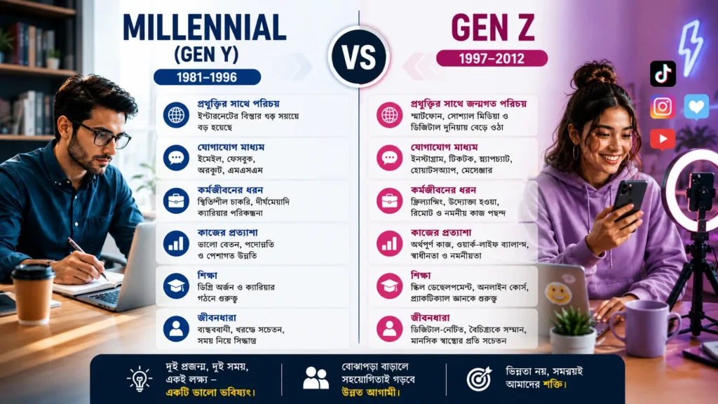 Millennial (Generation Y) ও Gen Z-এর প্রযুক্তি, যোগাযোগ, কর্মজীবন, শিক্ষা ও জীবনধারার পার্থক্য তুলে ধরা ১৬:৯ তুলনামূলক ইনফোগ্রাফিক।