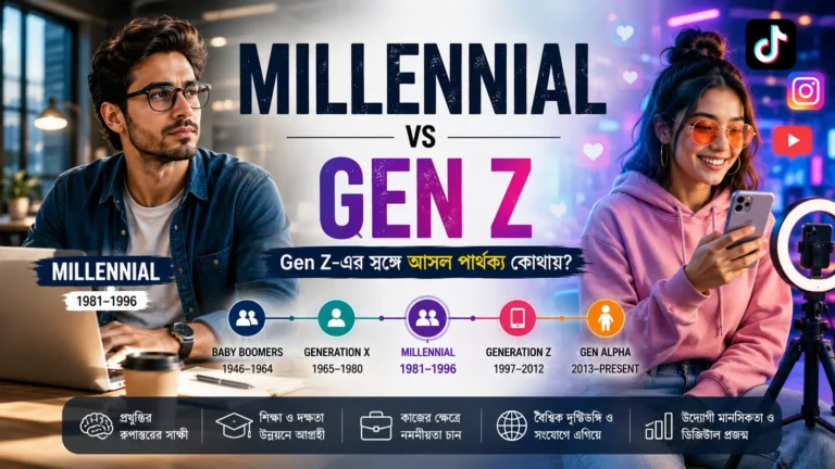 Millennial (Generation Y) ও Gen Z-এর জন্মসাল, বৈশিষ্ট্য এবং প্রধান পার্থক্য তুলে ধরা একটি সম্পাদকীয় Featured Image।