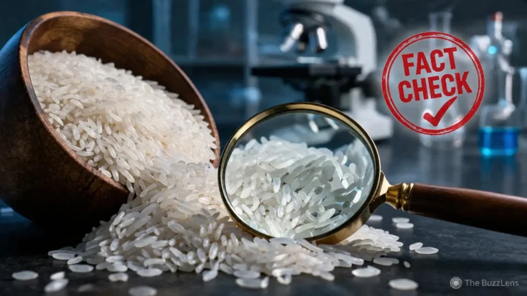 ম্যাগনিফাইং গ্লাস দিয়ে সাদা চাল পরীক্ষা করা হচ্ছে—প্লাস্টিকের চাল নিয়ে ভাইরাল দাবির ফ্যাক্ট চেক