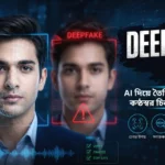 AI-নির্ভর Deepfake প্রযুক্তিতে মানুষের মুখ ডিজিটালি পরিবর্তনের প্রতীকী ভিজ্যুয়াল।