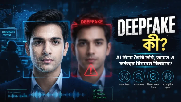 AI-নির্ভর Deepfake প্রযুক্তিতে মানুষের মুখ ডিজিটালি পরিবর্তনের প্রতীকী ভিজ্যুয়াল।