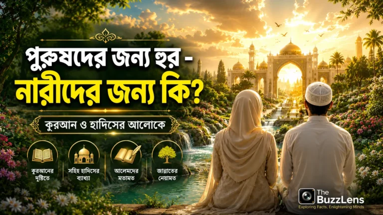 জান্নাতের প্রতীকী দৃশ্যের সামনে দাঁড়িয়ে থাকা একজন মুসলিম নারী ও একজন মুসলিম পুরুষ। ছবিতে লেখা রয়েছে ‘পুরুষদের জন্য হুর - নারীদের জন্য কী?’—কুরআন ও সহিহ হাদিসভিত্তিক একটি ইসলামিক Explainer নিবন্ধের ফিচার ইমেজ।