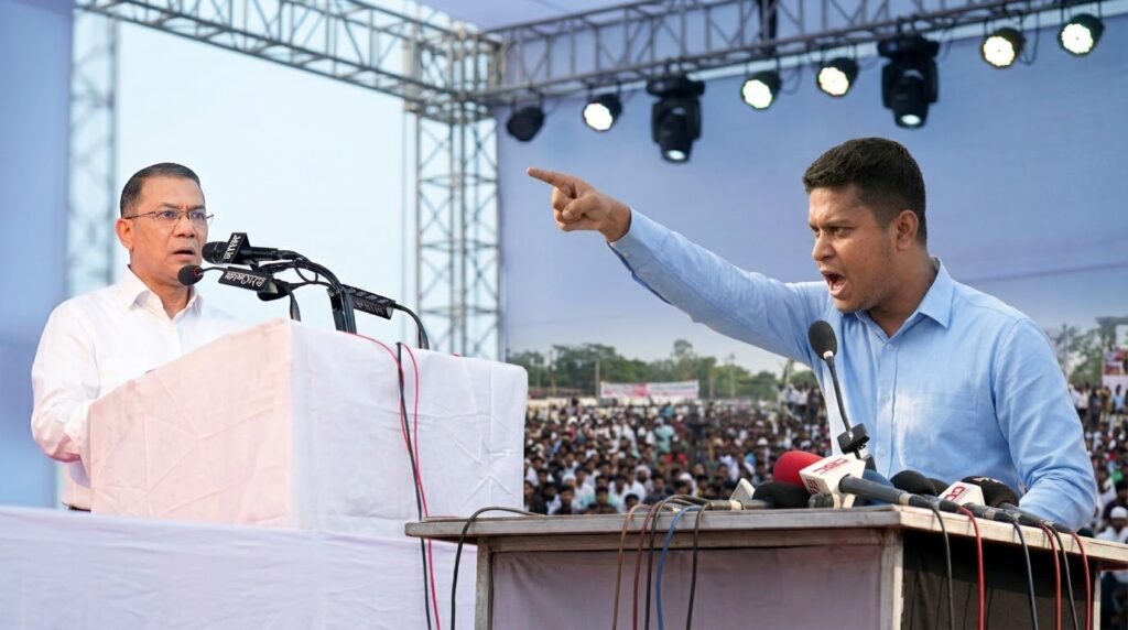 বিদ্যুৎ সংকট নিয়ে মঞ্চে প্রধানমন্ত্রী তারেক রহমানকে চ্যালেঞ্জ জানাচ্ছেন হাসনাত আবদুল্লাহ—এআই জেনারেটেড ছবি