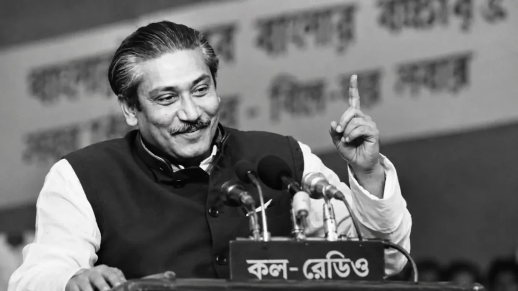 শেখ মুজিবুর রহমানের ভাষণরত অবস্থার প্রতীকী AI-নির্মিত চিত্র