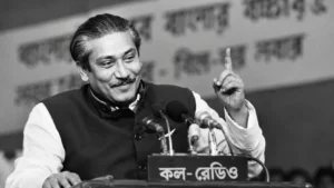 শেখ মুজিবুর রহমানের ভাষণরত অবস্থার প্রতীকী AI-নির্মিত চিত্র