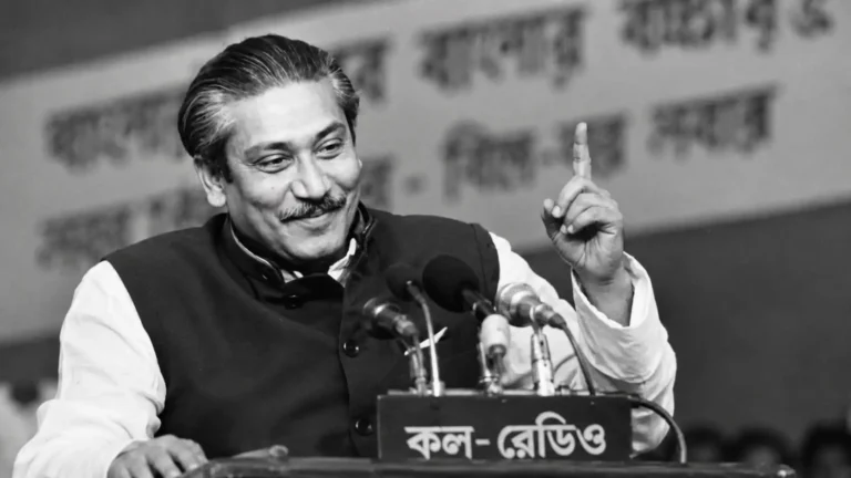 শেখ মুজিবুর রহমানের ভাষণরত অবস্থার প্রতীকী AI-নির্মিত চিত্র
