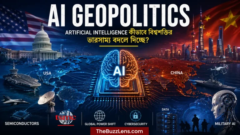 AI Geopolitics-এর প্রতীকী চিত্রে বিশ্বমানচিত্র, AI network, semiconductor chips ও বিভিন্ন শক্তিকেন্দ্র