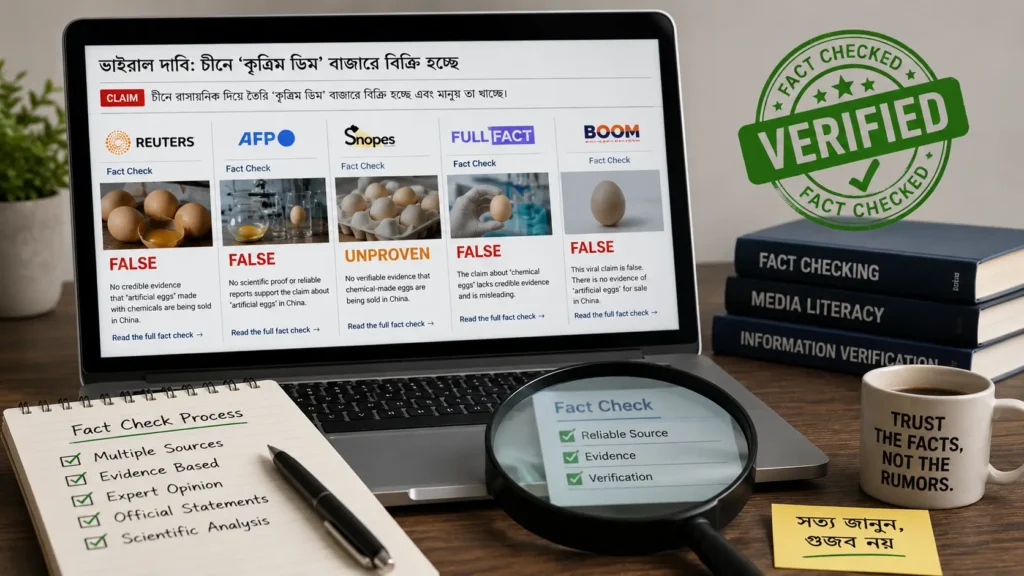 ল্যাপটপে Reuters, AFP ও অন্যান্য আন্তর্জাতিক ফ্যাক্ট-চেক সংস্থার মাধ্যমে চীনের তথাকথিত কৃত্রিম ডিম নিয়ে ভাইরাল দাবির যাচাই দেখানো সম্পাদকীয় ইলাস্ট্রেশন।