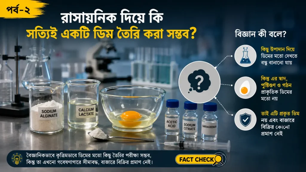 ল্যাবরেটরিতে রাসায়নিক উপাদান, কাচের বীকার এবং একটি ডিমের মাধ্যমে কৃত্রিম ডিম তৈরির বৈজ্ঞানিক ধারণা ব্যাখ্যা করা সম্পাদকীয় ইনফোগ্রাফিক।