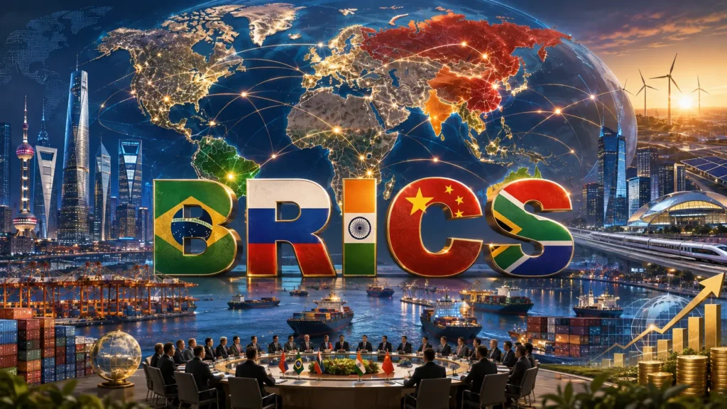 BRICS লেখা বিশ্বমানচিত্র, আন্তর্জাতিক বাণিজ্য, বন্দর ও অর্থনৈতিক সংযোগের প্রতীকী দৃশ্য