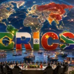 BRICS লেখা বিশ্বমানচিত্র, আন্তর্জাতিক বাণিজ্য, বন্দর ও অর্থনৈতিক সংযোগের প্রতীকী দৃশ্য