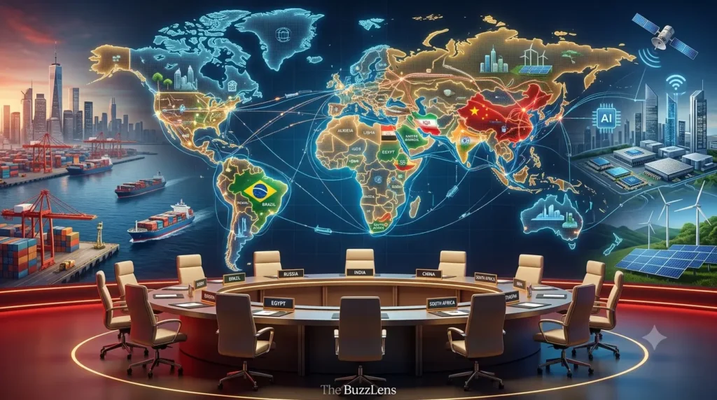 Editorial illustration depicting the rise of BRICS, highlighting emerging economies, Global South cooperation, expanding trade networks, infrastructure development, and growing influence in the evolving global order.