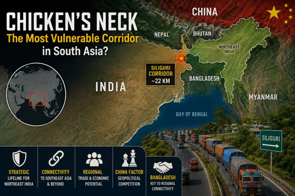 Chicken’s Neck বা Siliguri Corridor-এর মানচিত্র, ভারত, বাংলাদেশ, নেপাল, ভুটান ও চীনের কৌশলগত অবস্থান