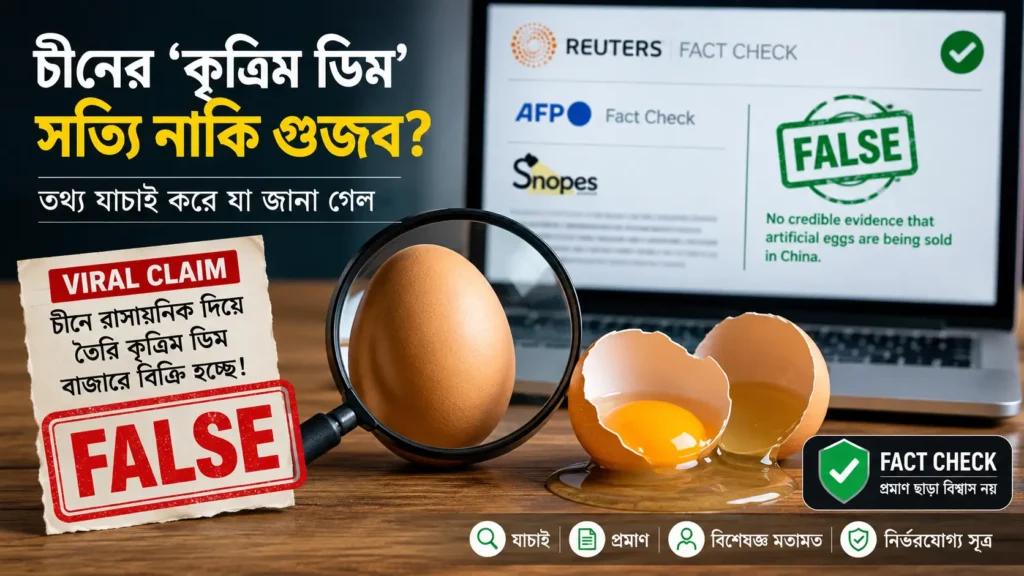 একটি বাস্তব ডিম, ম্যাগনিফাইং গ্লাস, ভাঙা ডিম এবং 'FALSE' স্ট্যাম্পসহ চীনের তথাকথিত কৃত্রিম ডিম নিয়ে ভাইরাল দাবির ফ্যাক্ট-চেক ইলাস্ট্রেশন।