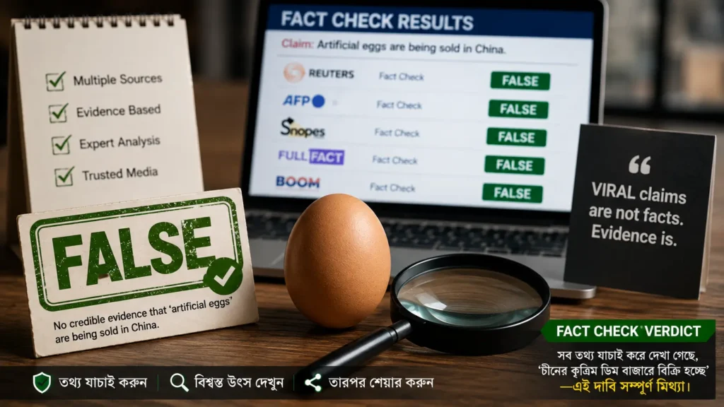 কাঠের টেবিলের ওপর একটি আসল মুরগির ডিম, ম্যাগনিফাইং গ্লাস, সবুজ FALSE স্ট্যাম্প এবং পেছনে আন্তর্জাতিক ফ্যাক্ট-চেক ফলাফল দেখানো ল্যাপটপসহ সম্পাদকীয় ফ্যাক্ট-চেক ইলাস্ট্রেশন।