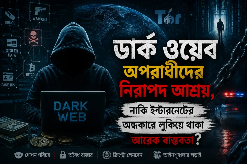 ডার্ক ওয়েবের অন্ধকার জগত, সাইবার অপরাধ, গোপন পরিচয় ও অনলাইন লেনদেনের প্রতীকী চিত্র