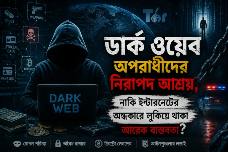ডার্ক ওয়েবের অন্ধকার জগত, সাইবার অপরাধ, গোপন পরিচয় ও অনলাইন লেনদেনের প্রতীকী চিত্র