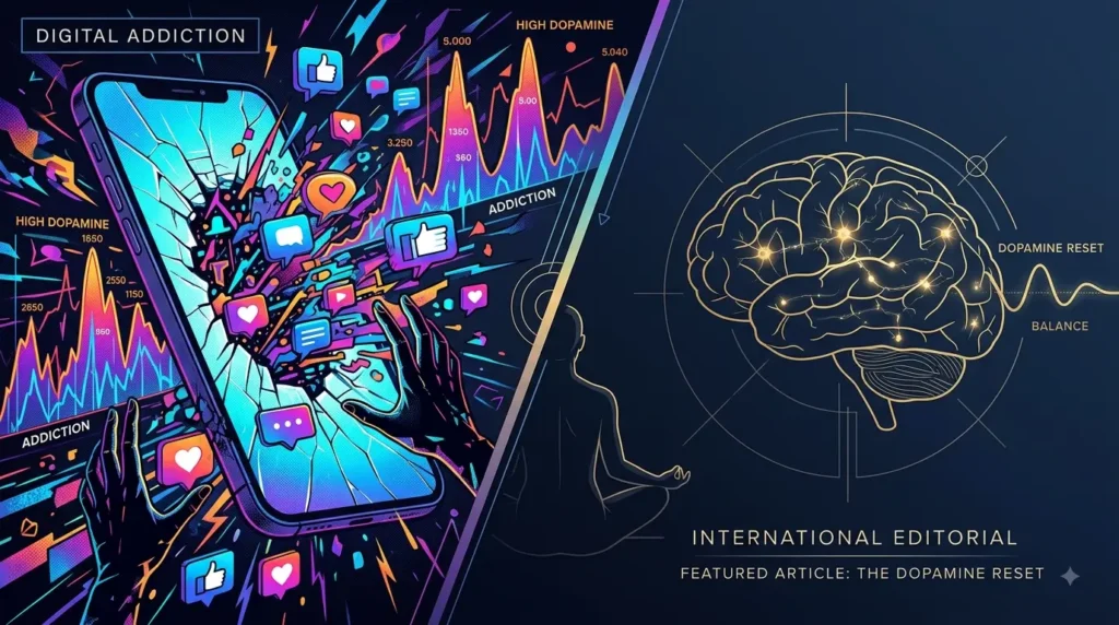 A conceptual illustration showing a chaotic glowing smartphone transitioning into a calm, balanced human brain, representing dopamine detox and brain rot.
