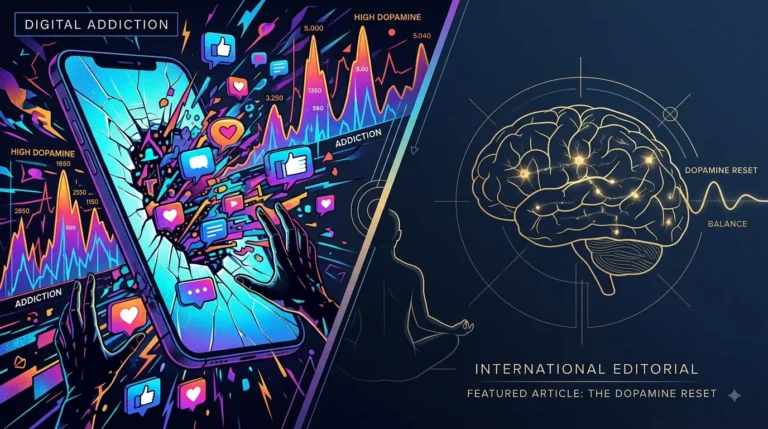 A conceptual illustration showing a chaotic glowing smartphone transitioning into a calm, balanced human brain, representing dopamine detox and brain rot.