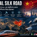 Digital Silk Road-এর প্রতীকী দৃশ্যে China থেকে বিশ্বজুড়ে 5G, fibre cable, cloud, satellite ও digital network ছড়িয়ে পড়ছে