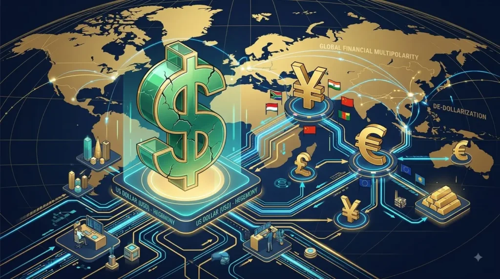 A conceptual 3D illustration showing a cracked US Dollar symbol surrounded by Chinese Yuan, Euro, and gold bars on a global map, representing de-dollarization.