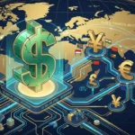 A conceptual 3D illustration showing a cracked US Dollar symbol surrounded by Chinese Yuan, Euro, and gold bars on a global map, representing de-dollarization.