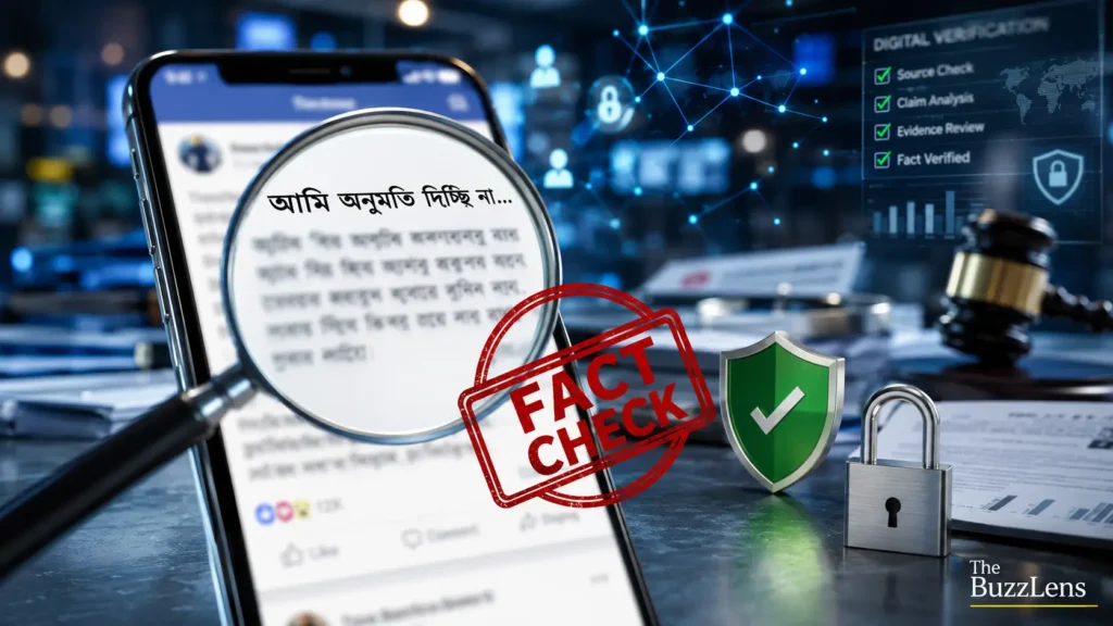 স্মার্টফোনে ফেসবুকের ভাইরাল 'আমি অনুমতি দিচ্ছি না' পোস্ট, ম্যাগনিফাইং গ্লাস ও Fact Check চিহ্নসহ একটি সম্পাদকীয় ফিচার্ড ইমেজ, যা পোস্টটির সত্যতা যাচাইকে উপস্থাপন করছে।