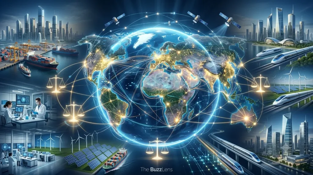 Editorial illustration of a multipolar world order featuring a digitally connected globe, global trade routes, innovation hubs, and multiple centers of geopolitical and economic influence.